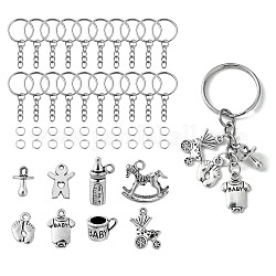 DIY-Schlüsselanhänger-Bastelset zum Thema „Baby“., einschließlich geteilter Schlüsselringe aus Eisen, Kleidung, Babyflaschen- und Kinderwagenanhänger, Sprungringe, Antik Silber Farbe, 160 Stück / Beutel