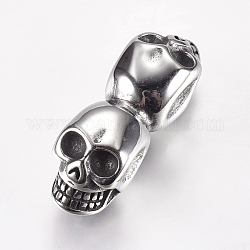 304 Stainless Steel Beads, Skull, Large Hole Beads, Antique Silver, 36x11.5x13mm, Hole: 6mm