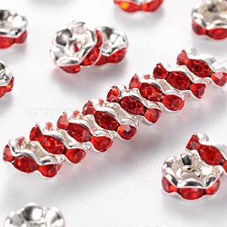 Perline distanziatori strass in ottone, grado a, rosso, colore argento placcato, nichel libero, misura:circa6mm di diametro, 3 mm di spessore, Foro: 1 mm