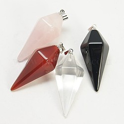 Natural & Synthetic Mixed Stone Pendants, with Brass Clasp, Faceted Cone Pendulum, Platinum, 31~37.5x14~16mm, Hole: 1.7mm
