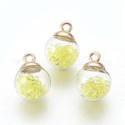 Pendientes de la botella de vidrio transparente, con vidrio de rhinestone en el interior y tapas de botellas de plástico ecológicas, redondo, amarillo, 21x16mm, agujero: 2.5 mm
