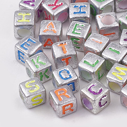 Plated Acrylic Beads, Horizontal Hole, Cube with Letter, Mixed Color, 6x6x6mm, Hole: 3.5mm, about 3000pcs/500g
