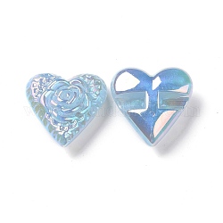 Perline acriliche con placcatura iridescente arcobaleno, Glitter perline, cuore con motivo floreale, cielo azzurro, 32x32x13.5mm, Foro: 3 mm