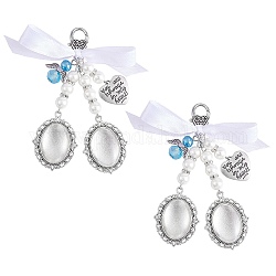 Tibetan Style Alloy Lacy Oval Memorial Picture Frame Decoration, Word You Are Always in My Heart Wedding Bouquet Photo Charms, Lobster Clasp Charms, Antique Silver, 190mm, 2pcs/set