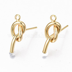 Brass Stud Earring Findings, with Loop, Knot, Nickel Free, Real 18K Gold Plated, 26x9mm, Hole: 1.8mm, Pin: 0.7mm