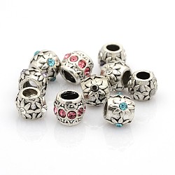 Mixed Styles Vintage Antique Silver Zinc Alloy Rhinestone European Beads, Large Hole Beads, Mixed Color, 8~11x8~9mm, Hole: 4.5mm