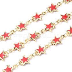 Handmade Alloy Enamel Star Link Chains, with Spool, Soldered, Long-Lasting Plated, Lead Free & Cadmium Free, Golden, Red, 11x8x1.6mm, about 16.4 Feet(5m)/roll