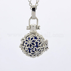 Platinum Brass Rhinestone Cage Pendants, Chime Ball Pendants, Flower, with Brass Spray Painted Bell Beads, Blue, 29x23x22mm, Hole: 3x5mm, Bell: 16mm