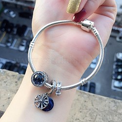 Bracelet à breloques rond plat, 925 bracelet européen en argent sterling avec des chaînes de serpent rondes pour les femmes, bleu, couleur d'argent, 7-7/8 pouce (20 cm)
