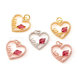 Brass Micro Pave Cubic Zirconia Pendants, with Jump Rings, Heart with Word Love, Clear & Cerise, Mixed Color, 17x16x2.5mm, Jump Ring: 5x0.8mm, Hole: 3.5mm