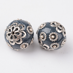 Perline tondo indonesia fatto a mano, con core acrilico e lega, platino, Blue Steel, 19x18mm, Foro: 1.5 mm
