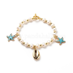 Natural Shell & Alloy Enamel Starfish Charms Bracelet, Natural Pearl Beads Bracelet for Women, Gold, 7 inch(17.9cm)