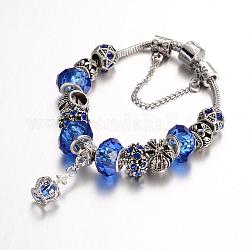 Legierung Strass Perle europäischen Armbänder, mit Glasperlen und Messingkette, Blau, 190 mm