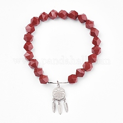Bracelets en perles de jaspe rouge naturel avec breloque, avec les accessoires en laiton, toile tissée / toile avec plume, 2 pouce (5.2 cm), pendentif: 24x10.5x2 mm