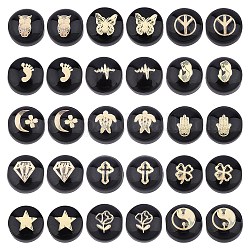Arricraft 30pcs 15 perles de chalumeau faites à la main, avec ornements en métal gravé en laiton doré, plat et circulaire avec motif mixte, noir, 8x5~6mm, Trou: 0.8mm, 2 pièces / style