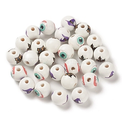 Perles européennes en bois imprimé halloween, Perles avec un grand trou   , ronde, blanc, 15.5~16x14.5mm, Trou: 4mm