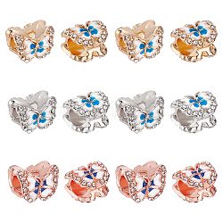 Nbeads 18 stücke 3 farben rack überzug legierung europäischen perlen, Großloch perlen, mit Kristall Strass & Emaille, Cadmiumfrei und Nickel frei und Bleifrei, Schmetterling, Mischfarbe, 9x12.5x9 mm, Bohrung: 4.5 mm, 6 Stk. je Farbe