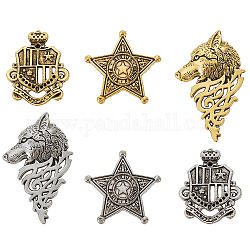 6pcs 6 broches de aleación de tema sirius de estilo, insignias de estrella, lobo y escudo para accesorios de vestuario, color mezclado, 36.5~55x30~36.5x4~7mm, 1pc / estilo
