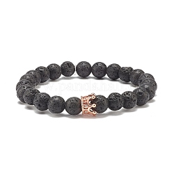 Natural Lava Rock Round Beaded Stretch Bracelet with Clear Cubic Zirconia Crown, Essential Oil Gemstone Jewelry for Women, Rose Gold, Inner Diameter: 2-1/4 inch(5.8cm)