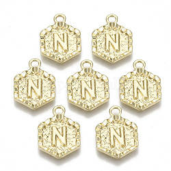 Alloy Pendants, Cadmium Free & Nickel Free & Lead Free, Hexagon with Letter, Real 18K Gold Plated, Letter.N, 17.5x13x2mm, Hole: 2mm