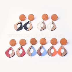 Resin & Wood Dangle Earrings, with Iron Findings, Pear Wood Beads and 304 Stainless Steel Findings, teardrop, Mixed Color, 57.5mm, Pendant: 32.5x27.5x3~4mm, Pin: 0.7mm