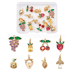 Fashewelry 16 pz 8 stile ottone micro pavé di ciondoli in zirconi cubici dorati, furita, oro, colore misto, 2pcs / style