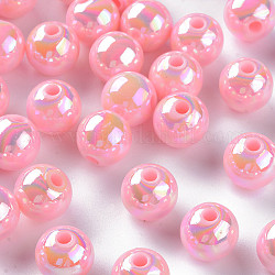 Abalorios acrílicos opacos, color de ab chapado, redondo, rosa perla, 10x9mm, agujero: 2 mm