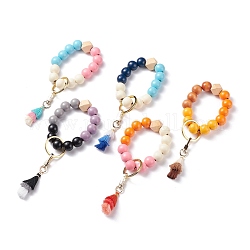 Perles rondes et polygonales en bois naturel bracelets extensibles porte-clés, avec pendentif pompon en polycoton et accessoires en alliage, couleur mixte, 17.5~18 cm
