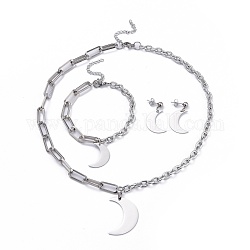 304 chaînes de trombones en acier inoxydable et ensembles de bijoux de chaîne de câble, Boucles d'oreilles pendantes et colliers pendentifs et bracelets à breloques, lune, couleur inoxydable, 18-3/4 pouce (47.7 cm), 31 cm, 29mm, pin: 0.6 mm