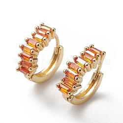 Aretes de aro rectangulares con circonitas naranjas, joyas de latón para mujer, sin plomo y cadmio, real 18k chapado en oro, 12~12.5x5mm, pin: 0.9 mm