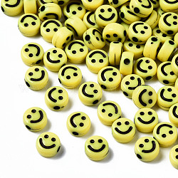 Perles acryliques artisanales opaques, plat rond avec un visage souriant, jaune, 7x3.5mm, Trou: 1.5mm, environ 3637 pcs/500 g