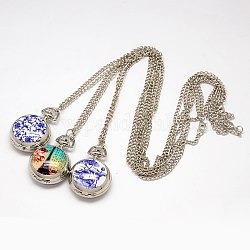 Collier de montre de poche en porcelaine imprimée ouvrable, avec cadran en quartz et chaînes en fer, plat rond, couleur mixte, platine, 31.5 pouce (80 cm)