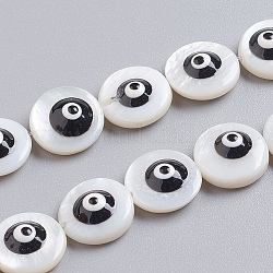 Shell perle naturali fili, con smalto, piatta e rotonda con malocchio, nero, 10x4mm, Foro: 0.6 mm, circa 39pcs/filo, 15.75 pollice (40 cm)