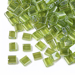2-Hole Glass Seed Beads, Transparent Colours Luster, Rectangle, Yellow Green, 5x4.5~5.5x2~2.5mm, Hole: 0.5~0.8mm