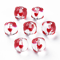 Perles de verre émaillées transparentes, ronde avec le coeur, rouge, 12x11.5mm, Trou: 1.8mm