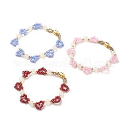 Bracelet en perles de verre et agate naturelle avec fermoir magnétique en laiton, bracelet tressé coeur femme, or, couleur mixte, 7-1/2 pouce (19 cm)