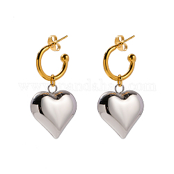Ion Plating(IP) 304 Stainless Steel Heart Dangle Stud Earrings, Half Hoop Earrings, Golden & Stainless Steel Color, 37x20mm