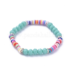 Bracelets extensibles pour enfants, avec des perles heishi en pâte polymère, perles de verre à facettes et perles de strass en laiton, turquoise moyen, diamètre intérieur: 1-7/8 pouce (4.7 cm)