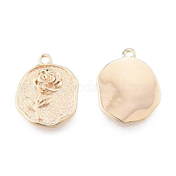 Brass Pendants, Cadmium Free & Nickel Free & Lead Free, Textured, Flat Round with Rose, Real 18K Gold Plated, 16.5x12x2mm, Hole: 1.4mm