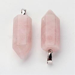 Pendentifs de quartz rose naturel en laiton, balle, platine, pendentif pointu, 33~36x12mm, Trou: 5x7mm