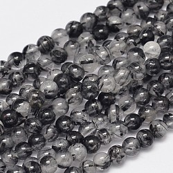 Round Natural Black Rutilated Quartz Beads Strands, Grade AA, 4mm, Hole: 0.8mm, about 100pcs/strand, 15.7 inch
