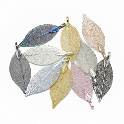 Iron Big Pendants, Electroplate Natural Leaf, Leaf, Mixed Color, 52~53x19~20x1.5mm, Hole: 3x5.5mm