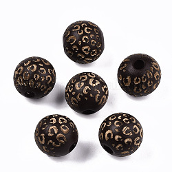 Painted Natural Wood Beads, Macrame Beads Large Hole, Laser Engraved Pattern, Round with Leopard Print, Coconut Brown, 15~16x15mm, Hole: 4mm