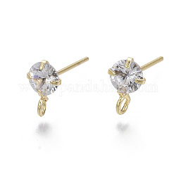 Brass Micro Clear Cubic Zirconia Stud Earring Findings, with Loop, Nickel Free, Real 18K Gold Plated, 8.5x5.5mm, Hole: 1.5mm, Pin: 0.7mm