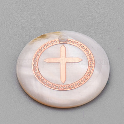 Pendentifs en coquillage d'eau douce, avec les accessoires en fer, plat et circulaire avec croix, or rose, couleur de coquillage, 18x3~4mm, Trou: 1mm