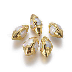 Natural Cultured Freshwater Pearl Beads, with Golden Plated Brass Findings, Olive Shape, White, Golden, 25~28x13~17mm, Hole: 0.8mm