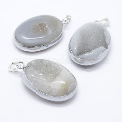 Pendenti ovali in ottone con agata di cristallo naturale, pietra druzy rifilata, colore argento placcato, 41x26x12.5mm, Foro: 5x7 mm