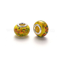 Perles européennes vernissées manuelles, perles de rondelle avec grand trou , en laiton de tonalité de platine noyaux doubles, avec motif de point de couleur de mélange, jaune, 14~16x9~10mm, Trou: 5mm