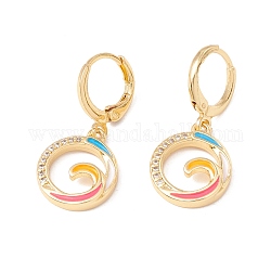 Enamel Flat Round Dangle Leverback Earrings with Clear Cubic Zirconia, Real 18K Gold Plated Brass Drop Earrings, Lead Free & Cadmium Free, Colorful, 28.5mm, Pin: 0.8x1mm