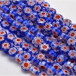 Handmade Millefiori Glasperle flach rund Stränge, einzelne Blumen-Design, königsblau, 8x4 mm, Bohrung: 1 mm, ca. 53 Stk. / Strang, 14.7 Zoll